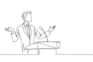 Single one line drawing young businessman speaking at the podium while opening hands. Explain the history of the company to become a multinational company. Continuous line design graphic illustration vector