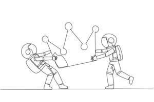 Continuous one line drawing two emotional astronaut fighting over the crown. Fighting for become the most successful and respected astronaut. Conflict. Single line draw design vector illustration