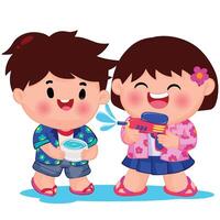 Thai kid play with water on Songkran day vector