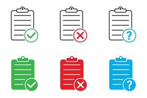 Document icon set with question mark, checkmark, and cross sign symbol. Paper icon. Vector illustration.