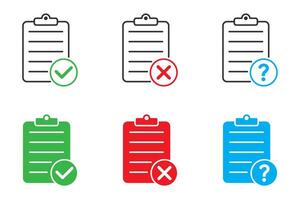 Document icon set with question mark, checkmark, and cross sign symbol. Paper icon. Vector illustration.