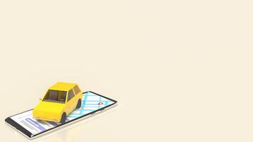 The yellow car on mobile phone for Applications or transportation concept 3d rendering. photo