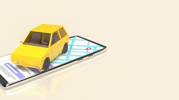 el amarillo coche en móvil teléfono para aplicaciones o transporte concepto 3d representación. foto