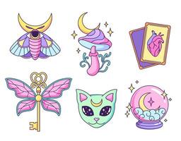 Witchcraft, mystical, astrological, esoteric, magic objects, icons, elements and symbols. Set of cartoon style vector illustrations.