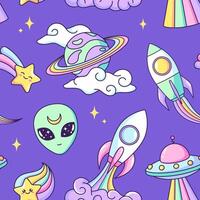 espacio objetos sin costura patrón, antecedentes. planeta, OVNI, extraterrestre, cohete, arcoíris, estrella dibujos animados dibujos, vector ilustraciones