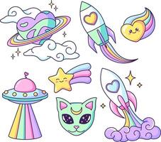 espacio objetos en un forma de corazón. planeta, OVNI, extraterrestre, gato, cohete, arcoíris, estrella dibujos animados dibujos, vector ilustraciones