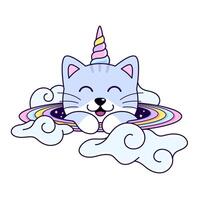 Unicorn cat head in space rainbow ring with clouds, cute magic cartoon style illustration vector