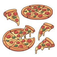 Pizza, pizza slices illustrations, set of cartoon style doodle drawings vector