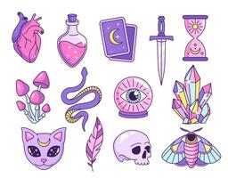 Witchcraft, mystical, astrological, esoteric, magic objects, icons, elements and symbols. Set of cartoon style vector illustrations.