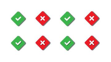 Check mark and X mark icons. Green and red validation buttons with shadows. Vector illustration.