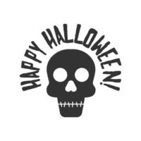 Skull with sewn mouth and Happy Halloween lettering. Flat vector illustration.