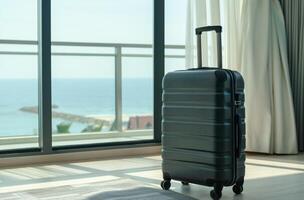 AI generated Packed suitcase sea view photo