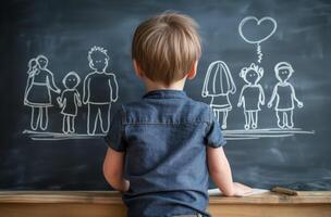 AI generated A little boy examines a chalk drawing photo