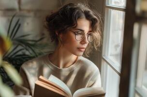 AI generated Woman reading by the window photo