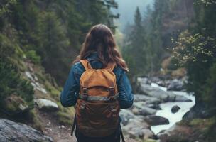 AI generated A lonely tourist on a mountain stream photo