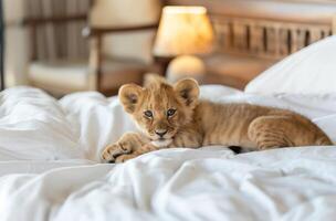 AI generated Lion cub lounging on bed photo