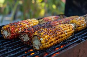 ai generado carbonizado maíz en al aire libre parrilla foto