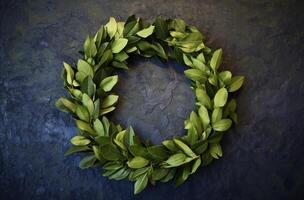 AI generated A wreath of laurel leaves on a board photo