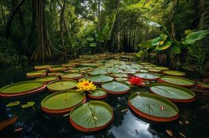 AI generated Forest pond with giant lilies photo