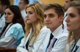 ai generado atento médico estudiantes en conferencia foto