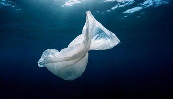 ai generado un blanco el plastico bolso flotadores graciosamente en el profundo azul océano, iluminado por natural luz, destacando ambiental asuntos. foto