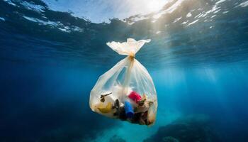 AI generated A dirty plastic bag with trash floats underwater in the deep blue sea, illuminated by sun rays highlighting environmental issues. photo