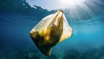 AI generated A dirty plastic bag with trash floats underwater in the deep blue sea, illuminated by sun rays highlighting environmental issues. photo