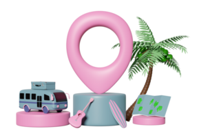 3d pin on podium with map, palms tree, tourist bus, luggage, surfboard, guitar isolated. map earth travel concept, 3d render illustration png