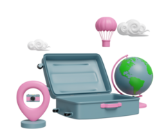 3d open suitcase empty with location pin, GPS navigator, map, cloud, globe, balloon, camera isolated. summer travel concept, 3d illustration render png