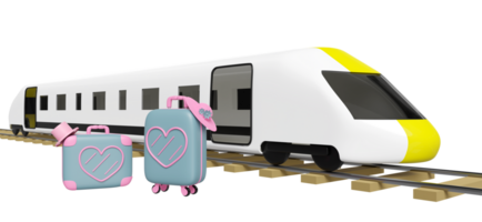 3d close suitcase with heart shaped pattern, hat, bullet train isolated. summer travel concept, 3d render illustration png