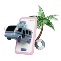 3d tourist bus with mobile phone, smartphone, luggage, palms tree, lifebuoy isolated. summer travel concept, 3d render illustration png