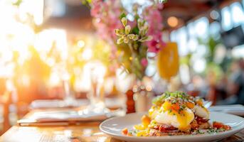 ai generado desayuno tardío - huevos Benedicto foto