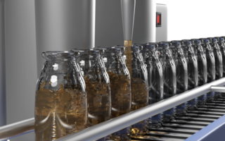 liquid gel packed into glass bottles using machinery isolated. 3d illustration render png