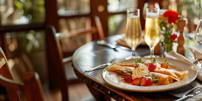 AI generated Brunch - Strawberry Crepes with Mimosa photo