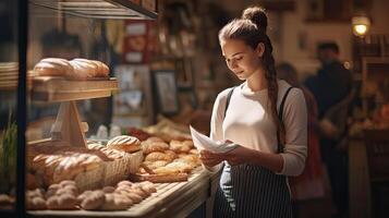 ai generado cliente en panadería. vitrinas con un pan y pasteles joven bonito niña con tarta. pequeño negocio y tienda. ai generado foto