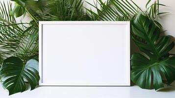 AI generated Empty photo frame on background of tropical leave. Blank mockup. AI generated. Natural landscape with foliage with copy space for business template, minimal organic fresh decor