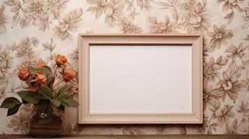 AI generated Empty photo frame on boho background with flowers in vase. A mockup in a minimal rustic style. Natural Business template with dry plants. AI generated