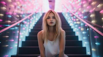AI generated Woman sit at stairs with light garland. Pretty girl model. Attractive blonde person. AI generated photo