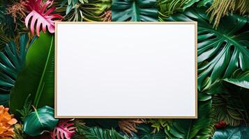 AI generated Empty photo frame on background of tropical leaves. Natural landscape with foliage with copy space for business template. Blank mockup. AI generated, spring season nature poster