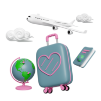 3d suitcase with passport or international travel for tourism, airplane, globe, cloud isolated. 3d render illustration png