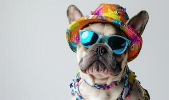 ai generado perro en divertido festivo sombrero. mascota en fiesta traje. ai generado. cumpleaños retrato de animal en limpiar blanco antecedentes foto