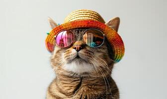 ai generado contento gato en divertido fiesta sombrero. festivo cumpleaños bandera en limpiar antecedentes. Doméstico gatito con Copiar espacio fondo. hermosa animal en gorra para póster. ai generado foto