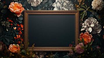 AI generated Empty photo frame on a dark background with flowers. Mockup in a classic style. Natural Business Template. AI generated