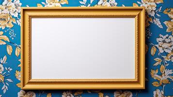 AI generated Empty photo frame on beautiful vintage background with flowers. A mockup in a bright style