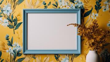 AI generated Empty photo frame on beautiful background with flowers. A mockup in a bright style. Natural Business Template. AI generated