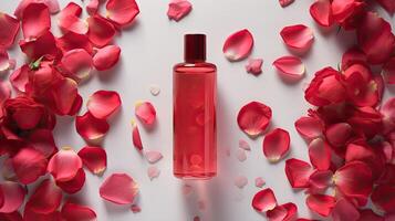 AI generated Perfume with scent of roses. Cosmetic product among the petals of flowers. AI generated. Concept of tenderness and femininity. Pink glass perfume bottle. photo