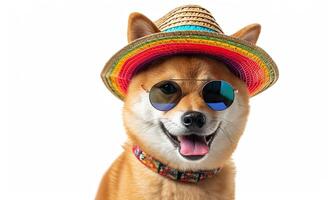 AI generated Dog in fun festive hat. Shiba inu Pet in party costume. Birthday portrait of animal photo