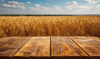 AI generated Wooden table with empty copyspace for business product. Template with wooden plank background. Tabletop deck for outdoor mockup horizontal cover. AI Generated wheat farm photo