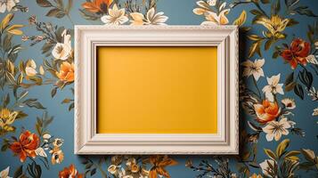 AI generated Empty photo frame on beautiful background with flowers. A mockup in a bright vintage style with spring border. Natural Business Template. AI generated