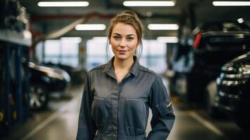 AI generated Female mechanic. Profession of working with cars. Car repair, a woman in a car service station. AI generated photo